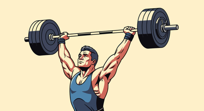 Muscular athlete lifts heavy weights overhead, vector cartoon illustration.