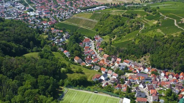 Aerial view of the castle Starkenburg beside Heppenheim in Germany. On a sunny day in Summer. 