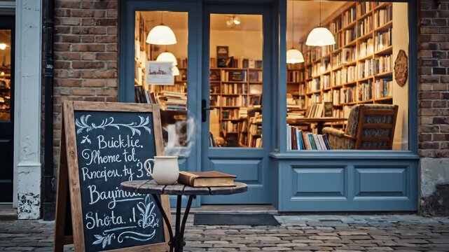 A cozy bookstore exterior with open window and welcoming sign