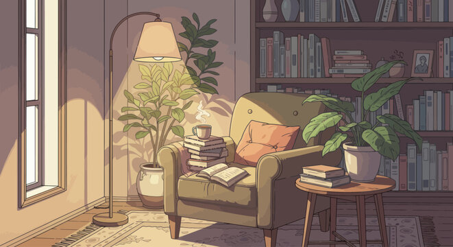 A cozy reading nook scene with books, coffee, and plants in Lofi style illustration