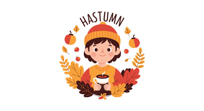 Cute kid enjoying a warm drink surrounded by autumn leaves.