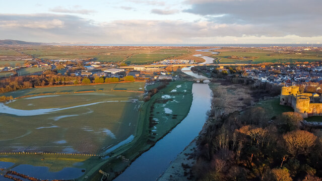 Aerial view of the River Clwyd winding through the landscape at sunrise