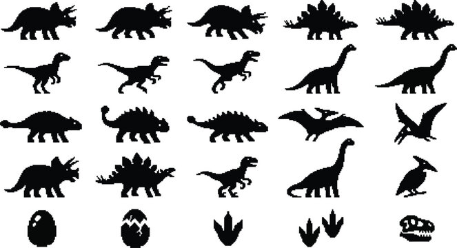 Pixel Dinosaur Head Silhouette Icon Set
