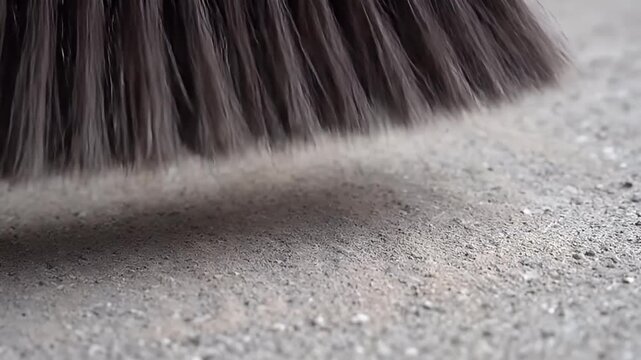 Close-up of a dark-bristled broom sweeping a cloud of fine dust and small debris across a textured concrete floor.