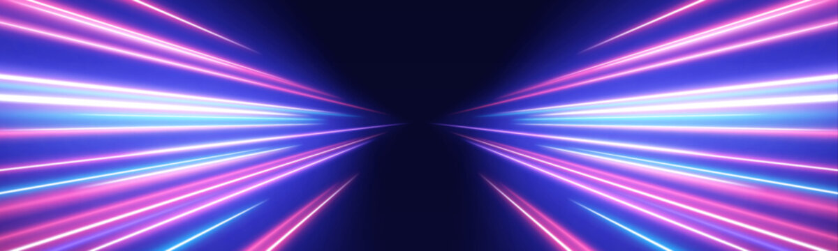 Shimmering laser beams spiral in abstract patterns, creating a sense of depth and motion. Neon hues pulse vividly. Perfect for AI visualizations.