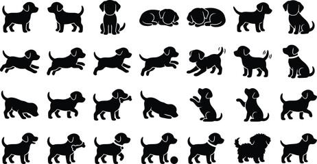 Puppy Dog Silhouette Vector Icon Set &ndash; Cute Pet Poses Black Clipart Collection, Isolated on White Background