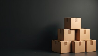 Obraz premium Cardboard boxes stacked on dark surface. Represents goods in warehouse shipping or delivery service. Concept for logistics and supply chain.