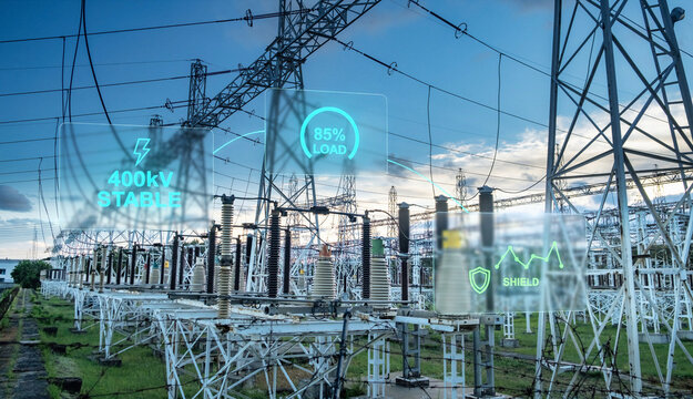 A futuristic smart grid concept illustrating real-time data overlays on a high-voltage power substation with transmission lines and industrial structures against, symbolizing energy management
