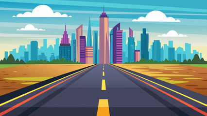 Obraz premium A futuristic cityscape with a vibrant road extending into the horizon under a colorful sky Vector