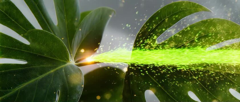 Energy Flow Visualization. Photosynthesis & Energy from Sunlight. Science Visualization. flowing light particles entering plant leaves, set in a clean abstract background
