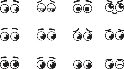 Collection of circular cartoon eyes with different directional gazes and subtle emotional changes for character movement and animation sequences showing looking up down left right and diverse moods © Pavell
