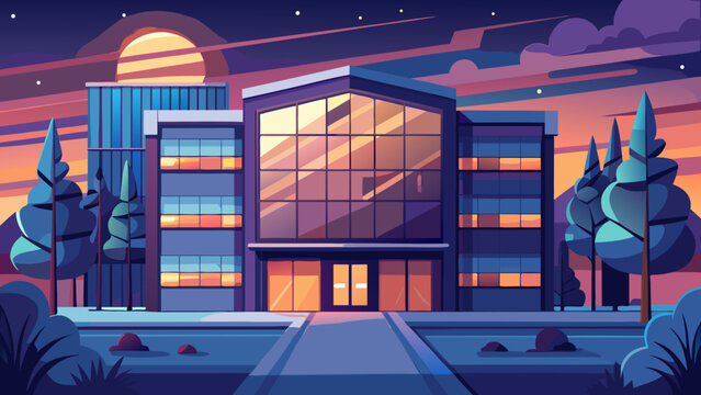 Modern cityscape with illuminated buildings under a twilight sky Vector