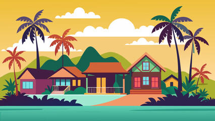 Obraz premium Tropical beach house with vibrant sunset and palm trees along the shore Vector