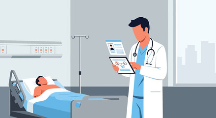 Obraz premium Doctor with Tablet in Hospital Room Next to Patient, Medical Technology