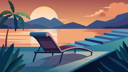 Serene sunset relaxation by the tranquil waterside with two deck chairs. Vector