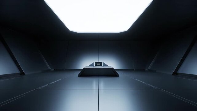A futuristic room with a console and bright ceiling lighting