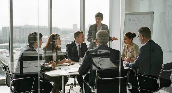 Confident businesswoman leading meeting in modern office with team