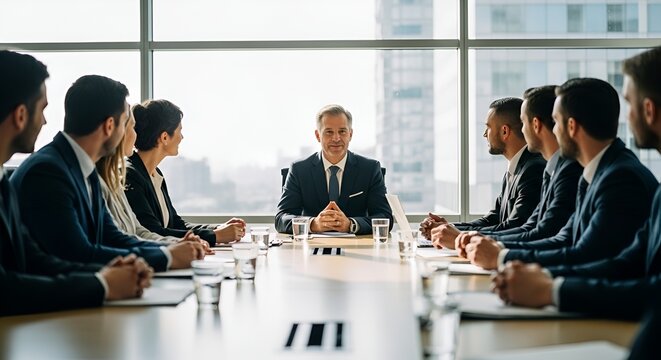 Confident business leader presenting to diverse team in modern office