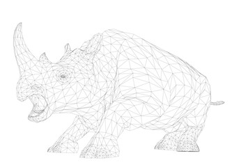 A geometric wireframe rhinoceros growls aggressively with an open mouth. This black and white illustration on a white background has a unique, eye-catching pattern.