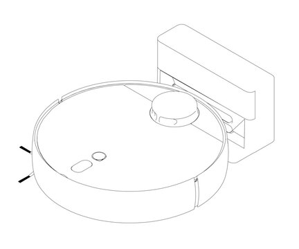 A contour line drawing of a robot vacuum cleaner with a cylindrical body and top handle. The detailed illustration includes a bottom nozzle for cleaning difficult areas.
