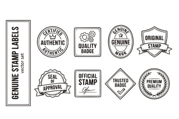 Obraz premium Genuine Stamp Labels Authentic-Stamps Certification-Seals Quality-Badges Genuine-Marks Verified-Stamps Original-Labels Authentic-Seals Certified-Stamps Quality-Labels Vector Set - Authentic Stamps
