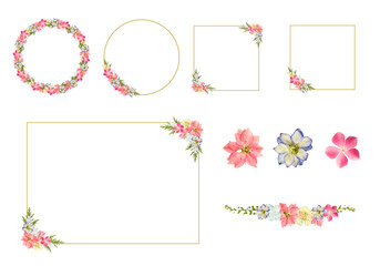 フローラルフレームセット PNG透過背景 ウェディング用円形・四角ゴールド枠素材