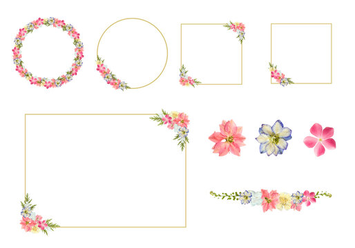 フローラルフレームセット PNG透過背景 ウェディング用円形・四角ゴールド枠素材