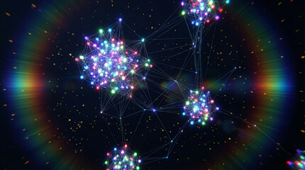 Abstract digital clusters glow brightly in a cosmic space with cinematic lighting