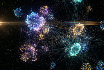 Connected vibrant dots form intricate network in futuristic digital space with depth