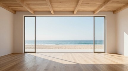 Fototapeta premium Modern minimalist interior with panoramic ocean view through sliding doors, bright open space design with wood ceiling