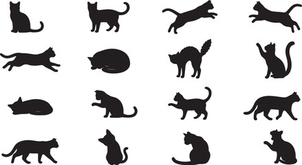 Fototapeta premium Set of minimalist black cat silhouettes in various poses and actions isolated on white background