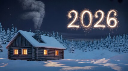 A cozy log cabin nestled in a deep snowy winter forest at night with warm glowing windows and smoke rising from the chimney under a dark starry sky featuring the sparkling year 202
