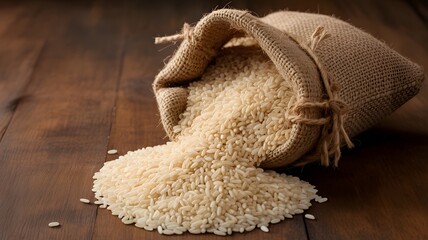 Numerous white rice grains spill from a textured rustic burlap sack onto a rich dark wooden surface under warm soft studio lighting creating a natural wholesome mood