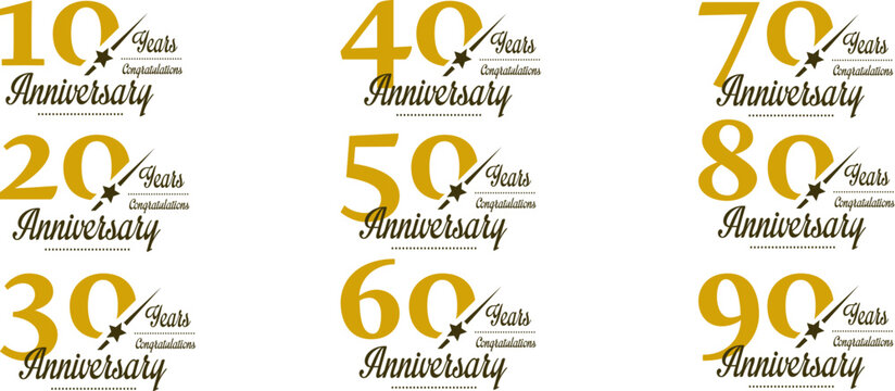 星モチーフとゴールド数字を組み合わせた10周年から90周年まで対応可能な華やかアニバーサリーロゴセット｜企業創立記念・表彰イベント・販促キャンペーンに最適な周年記念デザイン素材