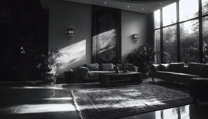 Luxurious Living Room Interior with Sunlight Streaming through Large Windows, Monochrome Photography