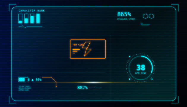 Futuristic cyberpunk HUD interface with digital telemetry data overclocking status and technical system monitors in neon cyan and orange.