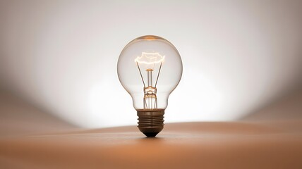 A brightly glowing traditional incandescent light bulb stands upright on a warm brown surface against a soft gradient background symbolizing new ideas and inspiration