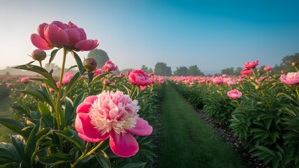 Vibrant pink peony flowers bloom in an extensive outdoor field on a tranquil morning with soft sunlight and a gentle haze creating a peaceful and natural scene