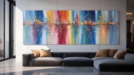 Large vibrant abstract painting with vertical brushstrokes and an energetic horizontal splash of diverse colors brightening a sleek modern living room with a comfortable sectional 