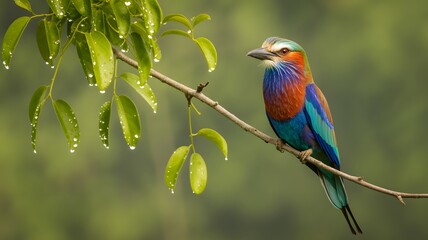 A vibrant colorful bird with striking blue purple and orange plumage perches calmly on a branch near lush green leaves glistening with fresh raindrops in a tranquil natural habitat