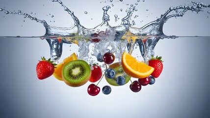 Fresh vibrant strawberries kiwis orange slices cherries blueberries splash into clear cool water creating energetic splashes bubbles bright studio background promoting health refre