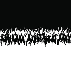 Naklejka premium Excited crowd silhouettes with raised hands celebrating concert festival party event isolated on black and white background