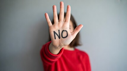 Woman showing no gesture with hand stop violence concept

