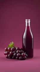 Obraz premium Generative AI depiction of a grape juice bottle with fresh grapes and leaf in a minimalist style