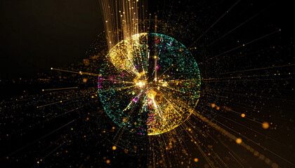 Abstract sphere emitting light trails showcases modern data visualization aesthetic