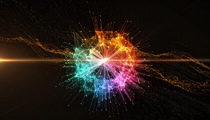 Vibrant network nodes radiate in a dark space evoking modern technology design