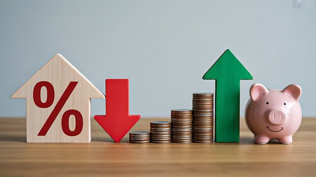 Interest rate increase and decrease concept with percentage symbol coins and piggy bank
