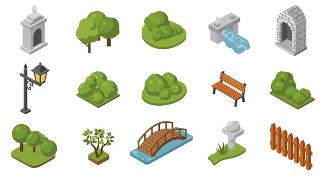Isometric park elements trees benches bridges and decorative structures