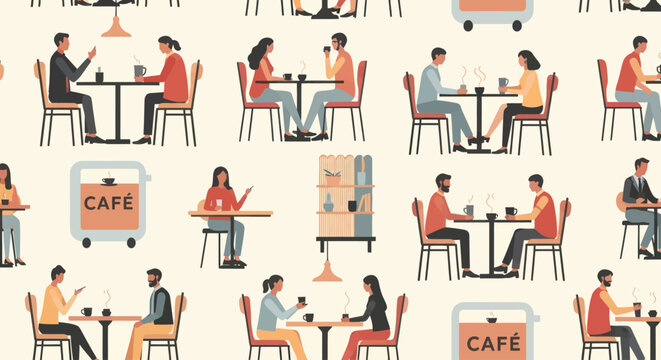 Flat vector illustration of people drinking coffee and socializing at tables in a cafe