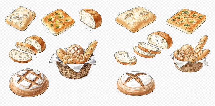 Watercolor illustration set of various fresh baked bread and pastries, including focaccia, baguettes, and round loaves in a basket.